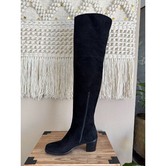 Stuart Weitzman Hitest Black Suede Leather Mid Block Heel Over The Knee Boots - Picture 10 of 16